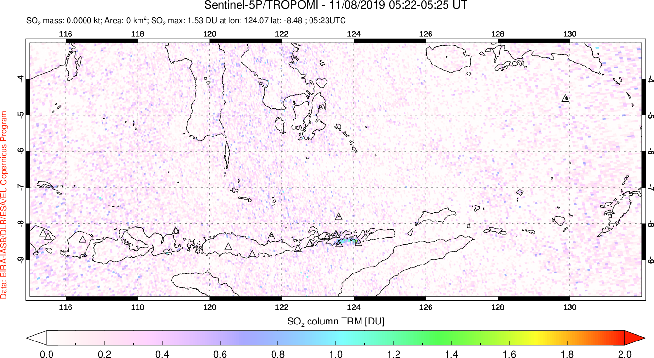 A sulfur dioxide image over Lesser Sunda Islands, Indonesia on Nov 08, 2019.