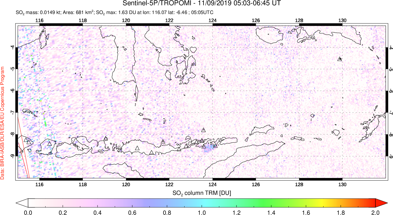 A sulfur dioxide image over Lesser Sunda Islands, Indonesia on Nov 09, 2019.