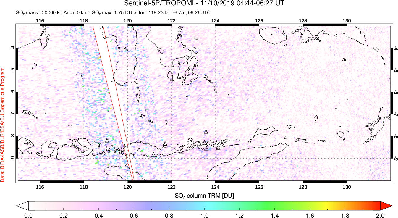 A sulfur dioxide image over Lesser Sunda Islands, Indonesia on Nov 10, 2019.