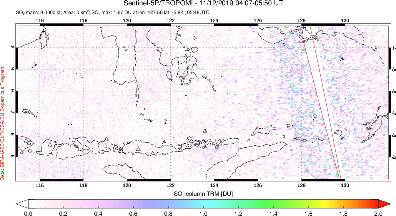 A sulfur dioxide image over Lesser Sunda Islands, Indonesia on Nov 12, 2019.