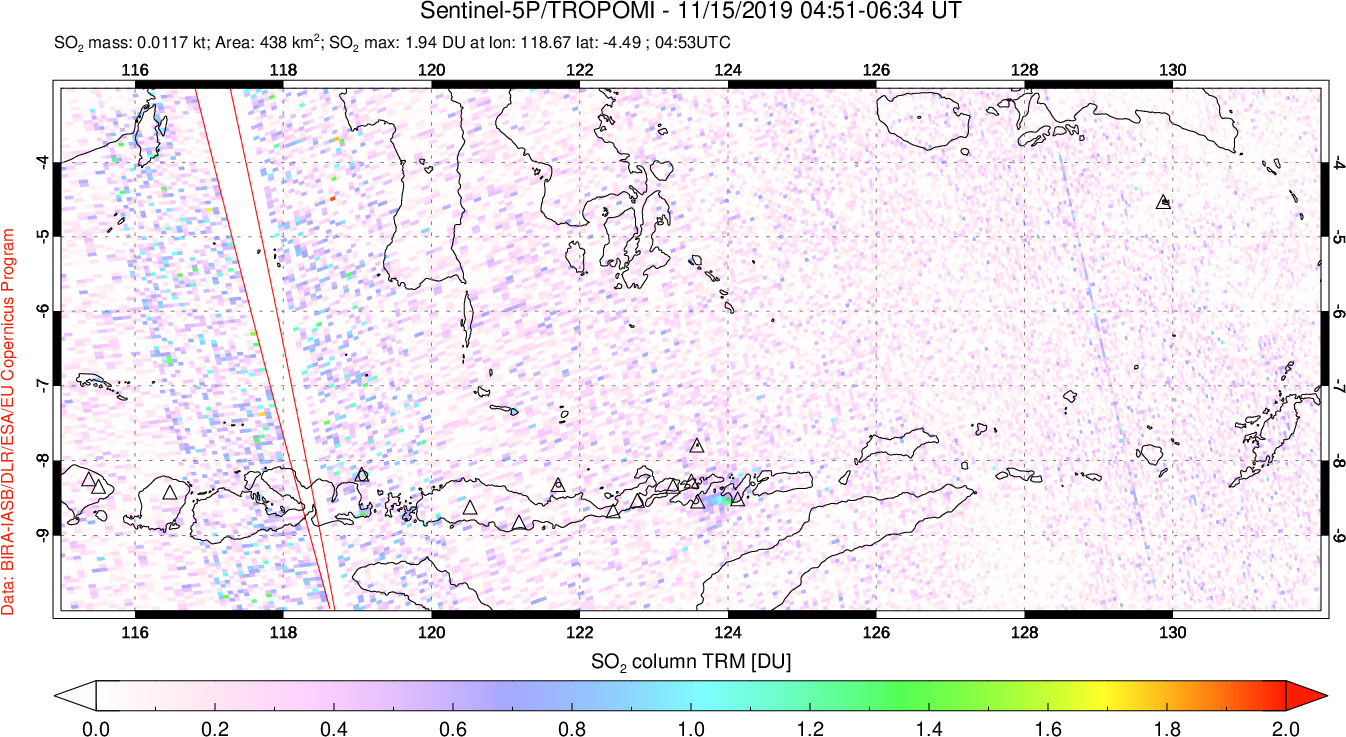 A sulfur dioxide image over Lesser Sunda Islands, Indonesia on Nov 15, 2019.