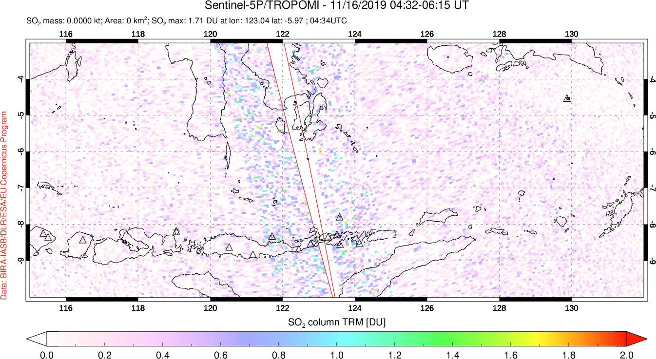 A sulfur dioxide image over Lesser Sunda Islands, Indonesia on Nov 16, 2019.