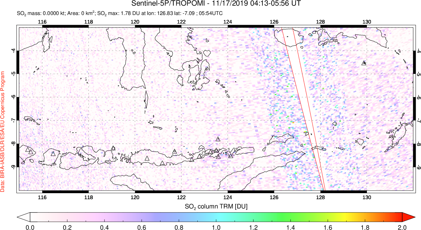 A sulfur dioxide image over Lesser Sunda Islands, Indonesia on Nov 17, 2019.