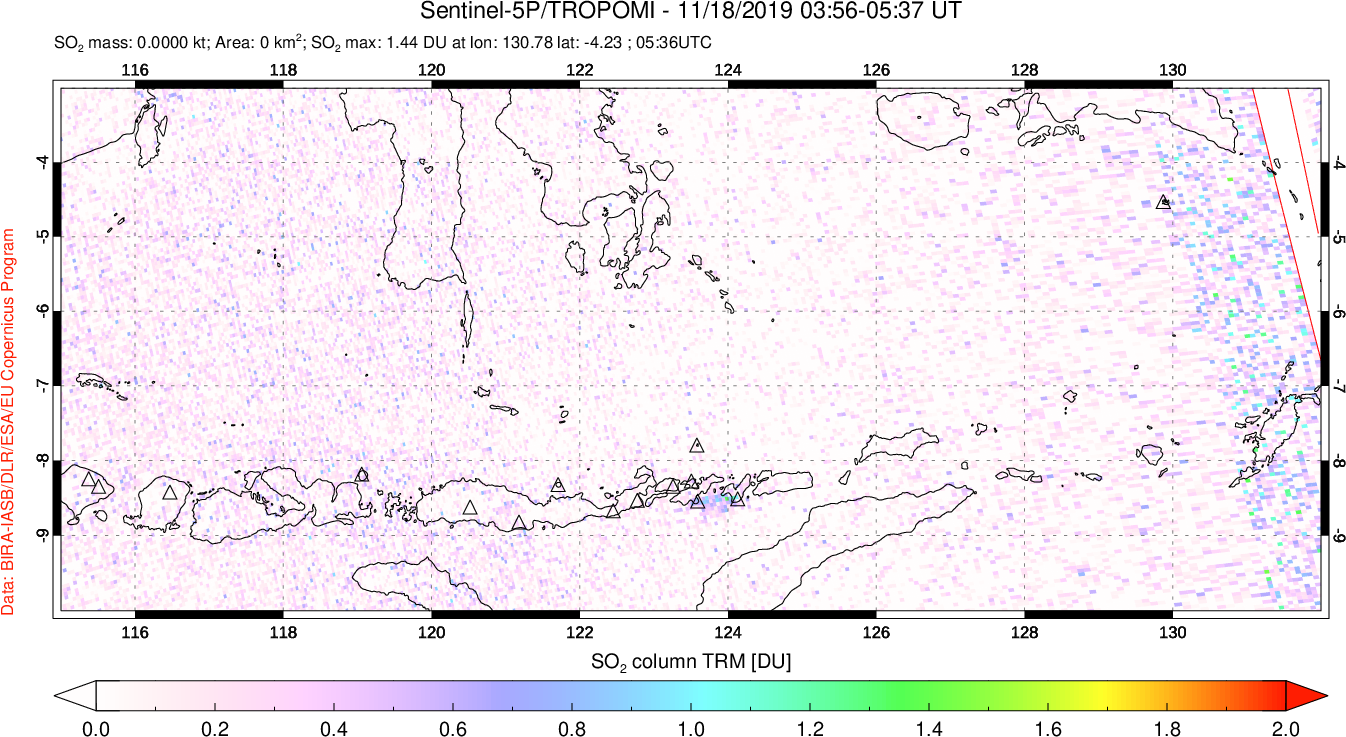 A sulfur dioxide image over Lesser Sunda Islands, Indonesia on Nov 18, 2019.