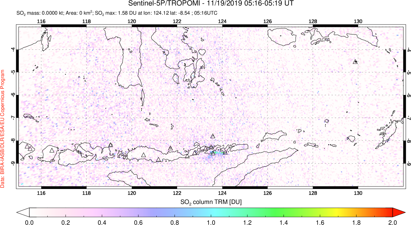 A sulfur dioxide image over Lesser Sunda Islands, Indonesia on Nov 19, 2019.