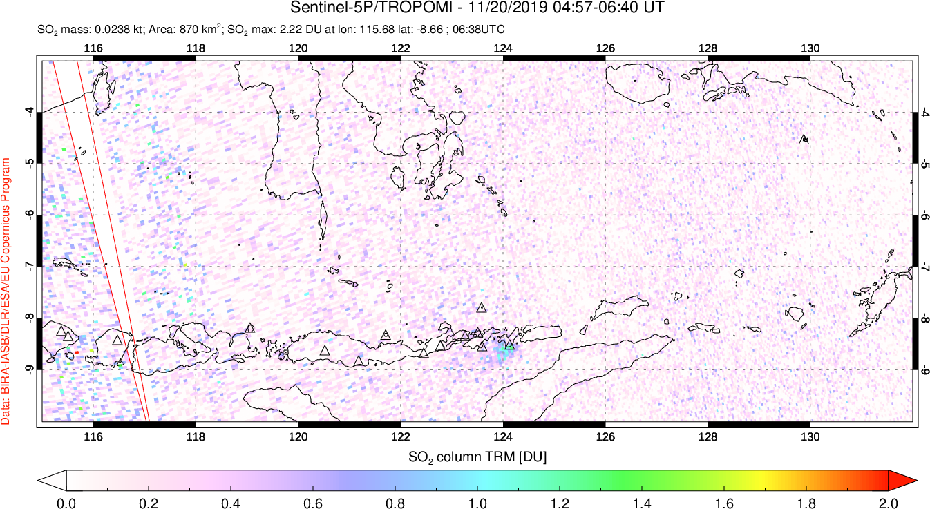 A sulfur dioxide image over Lesser Sunda Islands, Indonesia on Nov 20, 2019.
