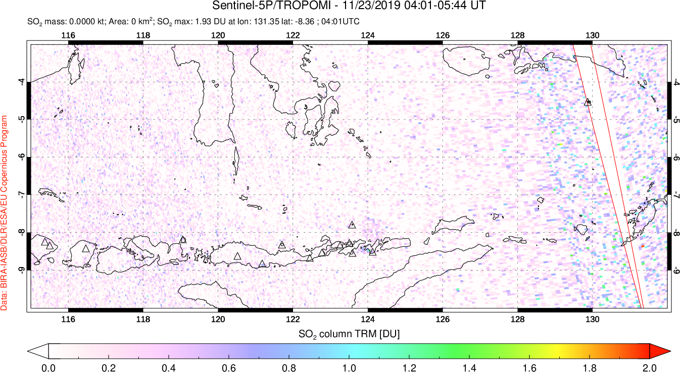 A sulfur dioxide image over Lesser Sunda Islands, Indonesia on Nov 23, 2019.