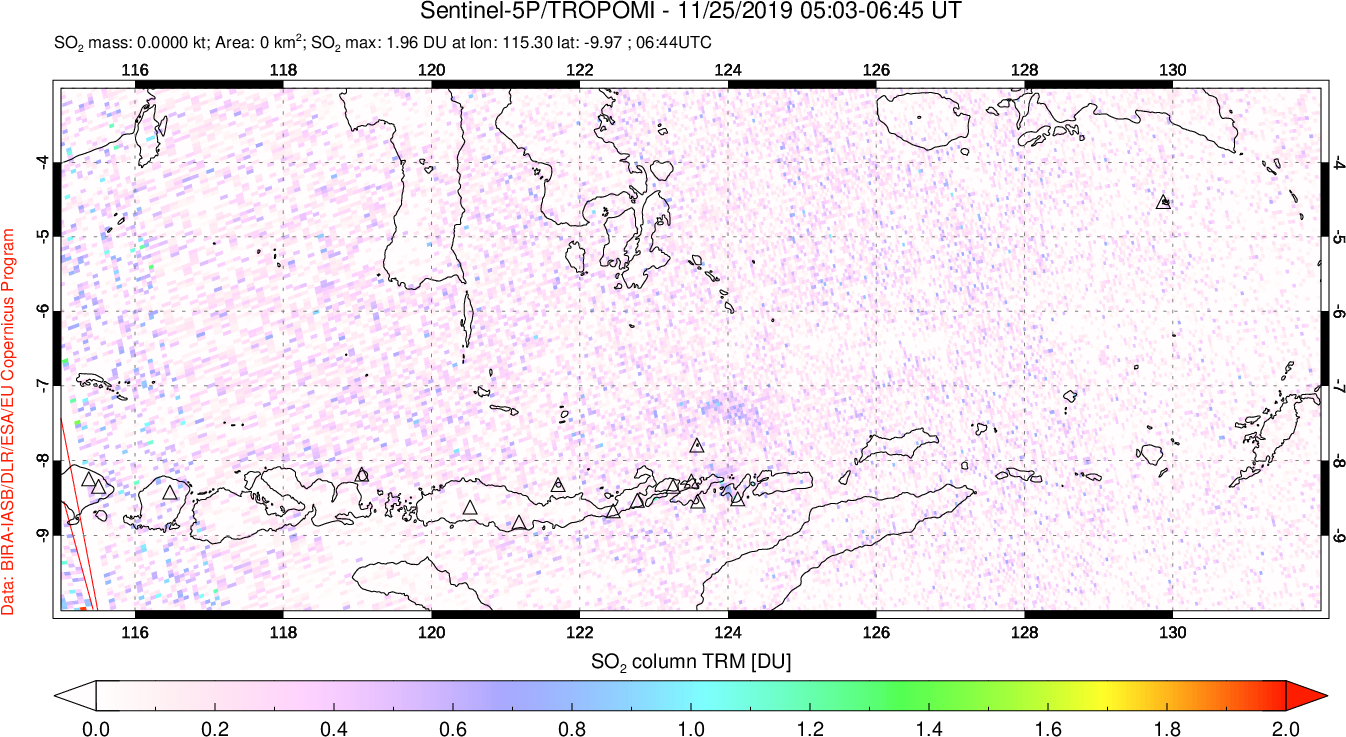 A sulfur dioxide image over Lesser Sunda Islands, Indonesia on Nov 25, 2019.