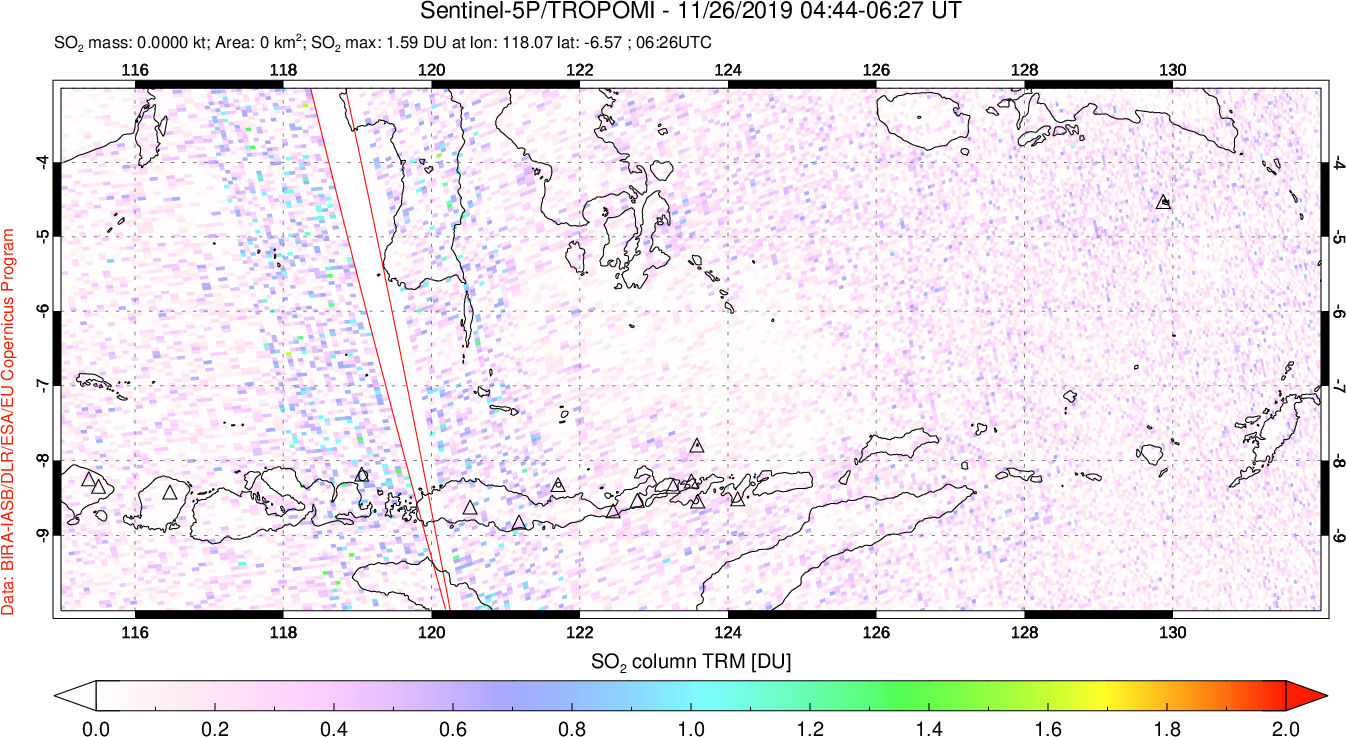 A sulfur dioxide image over Lesser Sunda Islands, Indonesia on Nov 26, 2019.