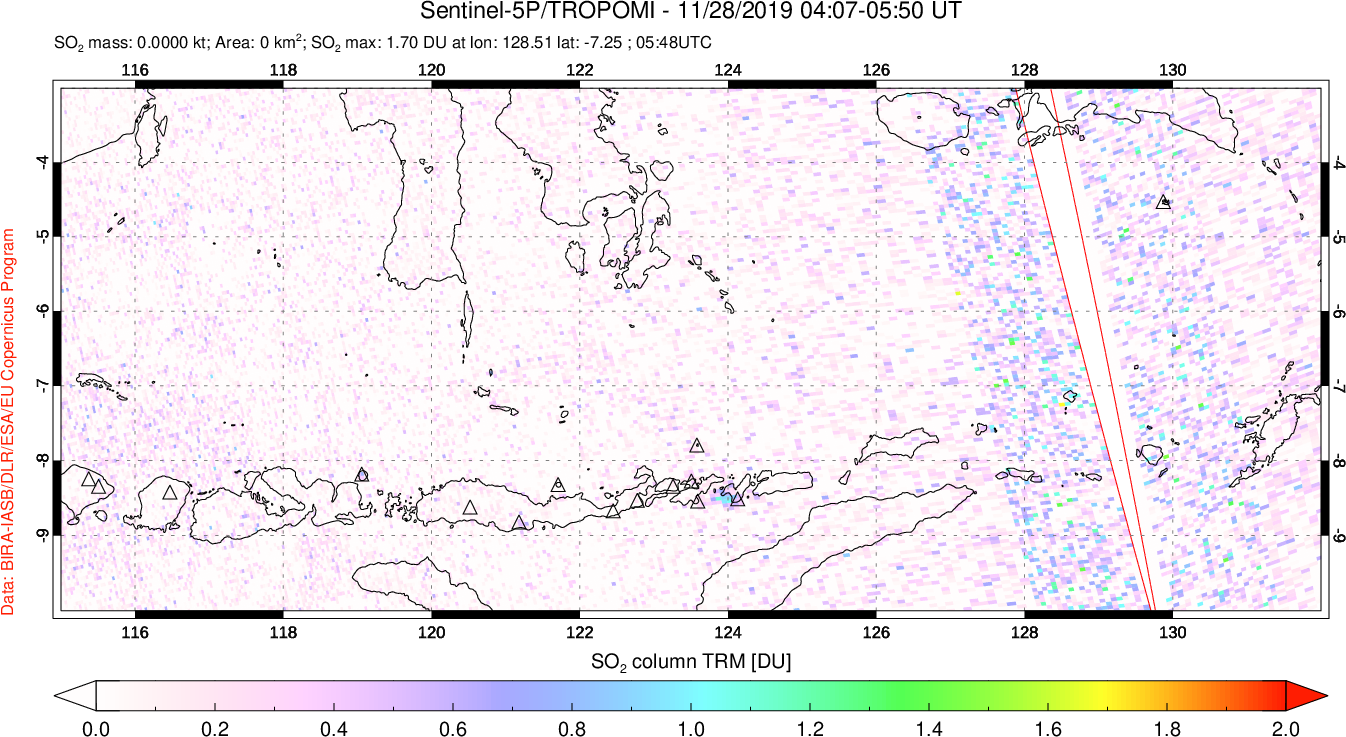 A sulfur dioxide image over Lesser Sunda Islands, Indonesia on Nov 28, 2019.