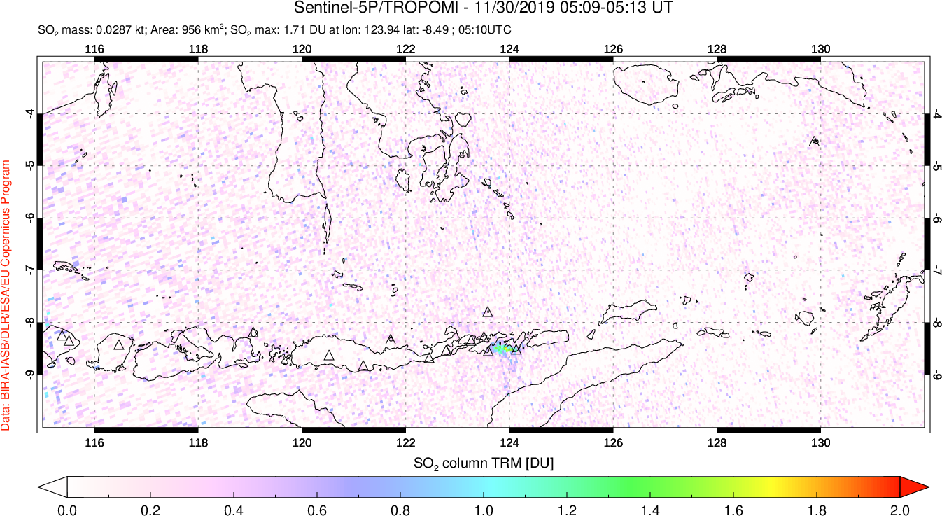 A sulfur dioxide image over Lesser Sunda Islands, Indonesia on Nov 30, 2019.