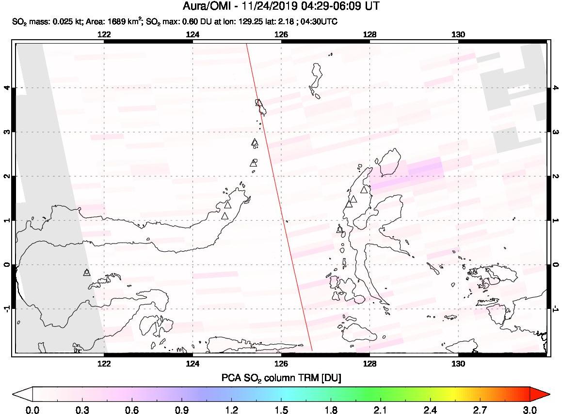 A sulfur dioxide image over Northern Sulawesi & Halmahera, Indonesia on Nov 24, 2019.
