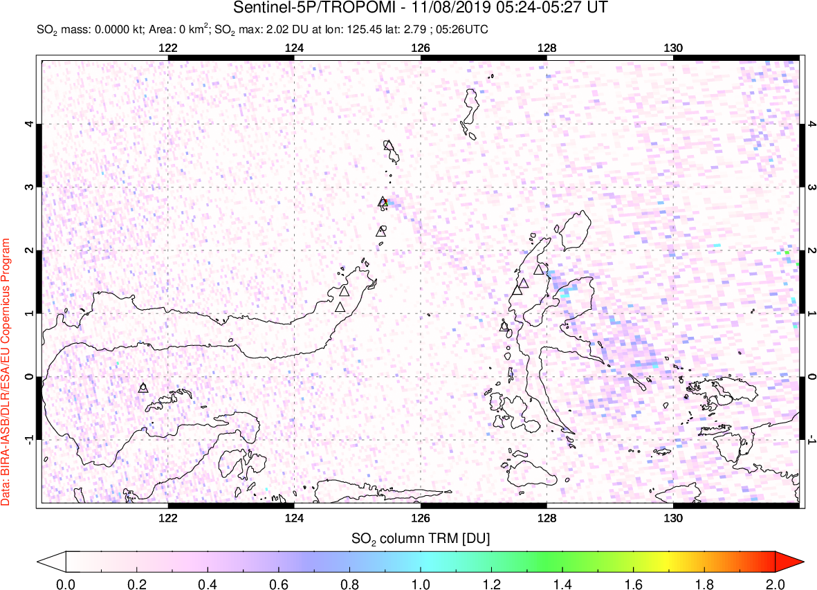 A sulfur dioxide image over Northern Sulawesi & Halmahera, Indonesia on Nov 08, 2019.