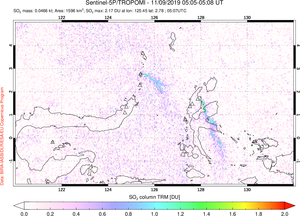 A sulfur dioxide image over Northern Sulawesi & Halmahera, Indonesia on Nov 09, 2019.
