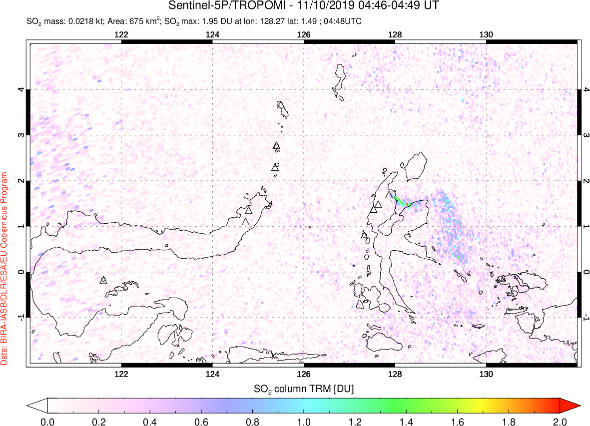 A sulfur dioxide image over Northern Sulawesi & Halmahera, Indonesia on Nov 10, 2019.