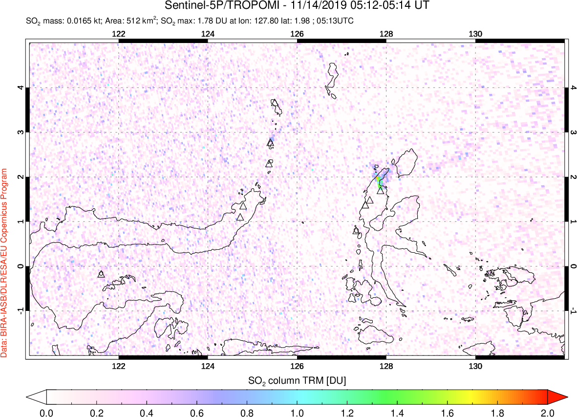 A sulfur dioxide image over Northern Sulawesi & Halmahera, Indonesia on Nov 14, 2019.