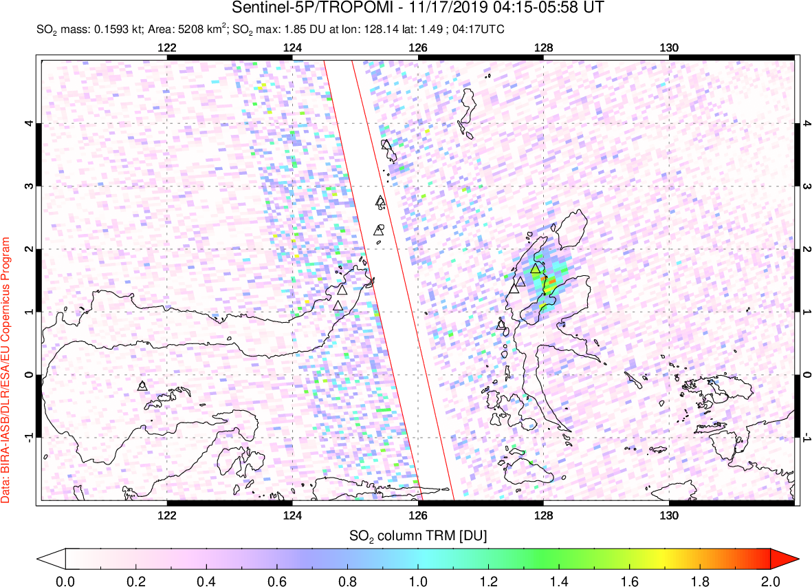 A sulfur dioxide image over Northern Sulawesi & Halmahera, Indonesia on Nov 17, 2019.