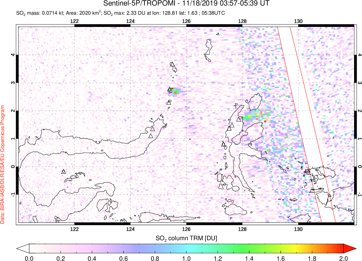A sulfur dioxide image over Northern Sulawesi & Halmahera, Indonesia on Nov 18, 2019.