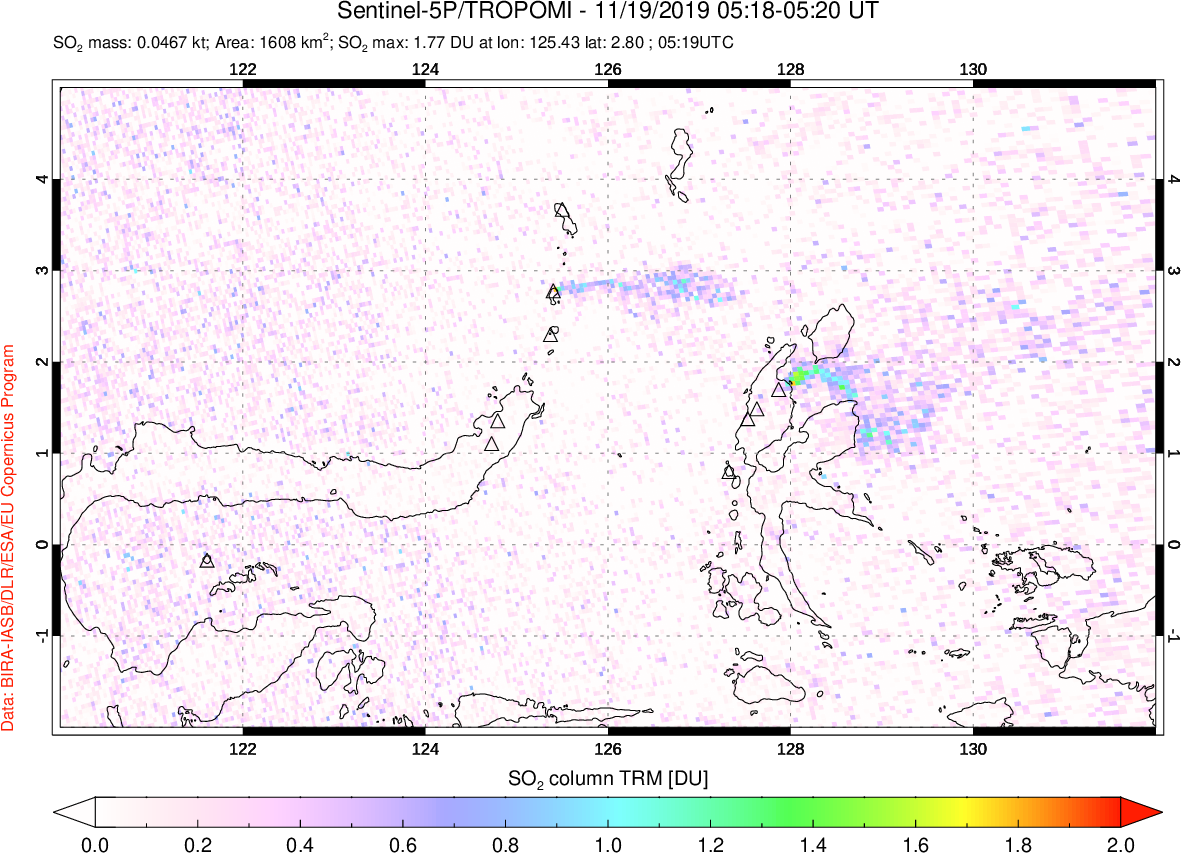 A sulfur dioxide image over Northern Sulawesi & Halmahera, Indonesia on Nov 19, 2019.