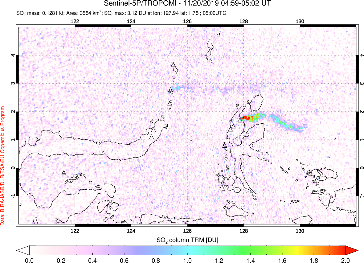 A sulfur dioxide image over Northern Sulawesi & Halmahera, Indonesia on Nov 20, 2019.