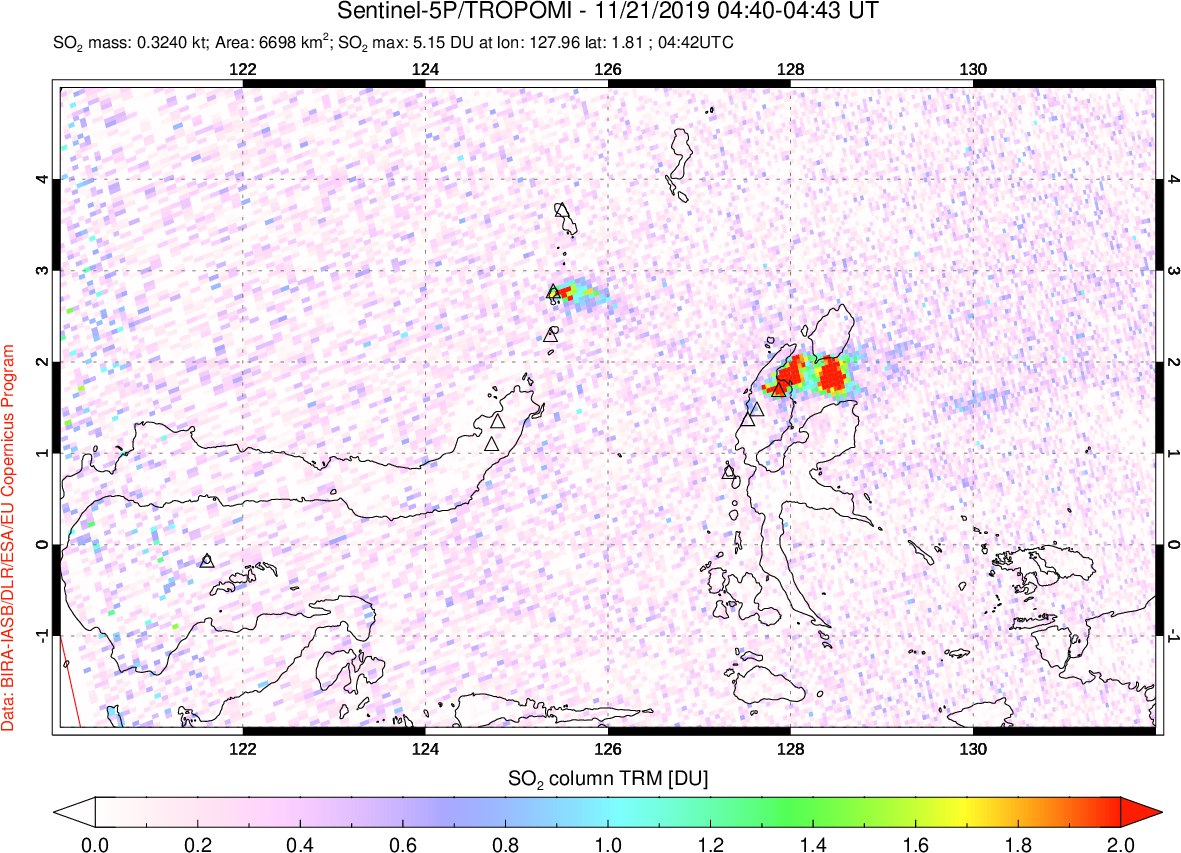 A sulfur dioxide image over Northern Sulawesi & Halmahera, Indonesia on Nov 21, 2019.