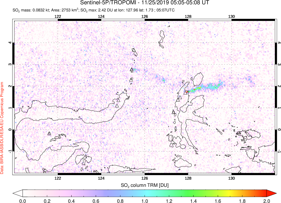 A sulfur dioxide image over Northern Sulawesi & Halmahera, Indonesia on Nov 25, 2019.