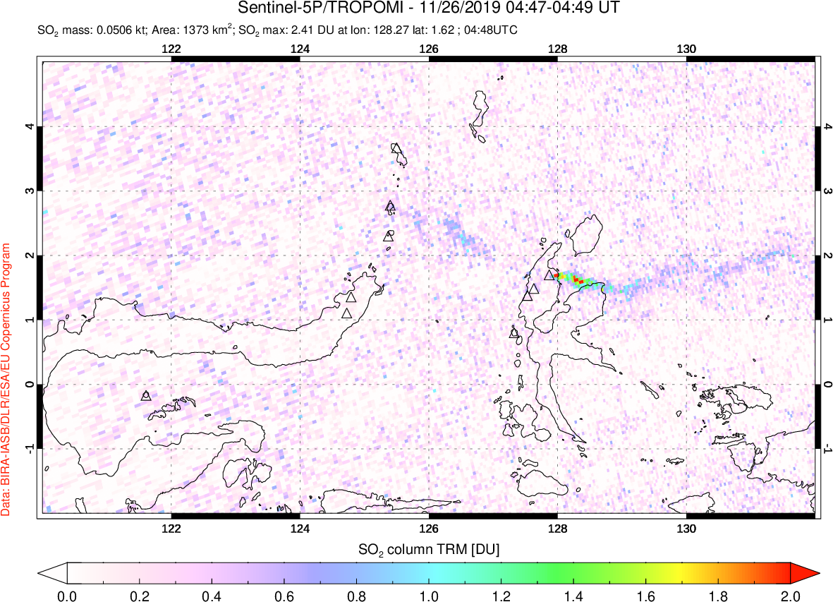A sulfur dioxide image over Northern Sulawesi & Halmahera, Indonesia on Nov 26, 2019.