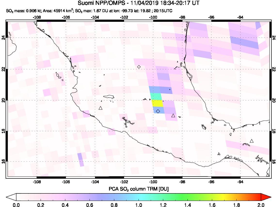 A sulfur dioxide image over Mexico on Nov 04, 2019.