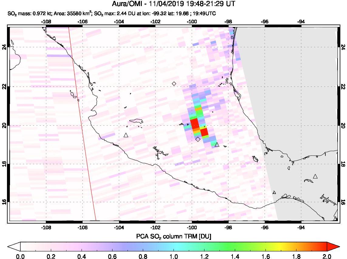 A sulfur dioxide image over Mexico on Nov 04, 2019.