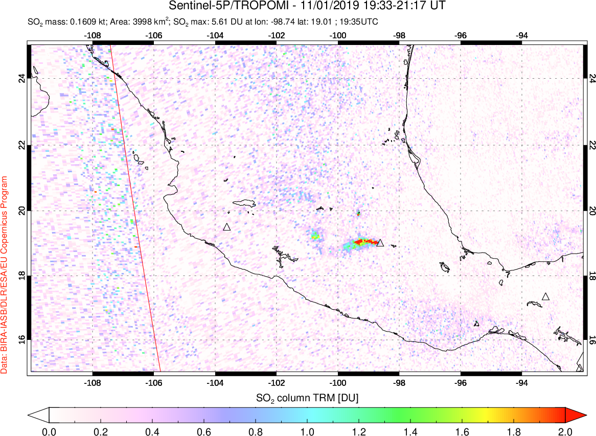 A sulfur dioxide image over Mexico on Nov 01, 2019.