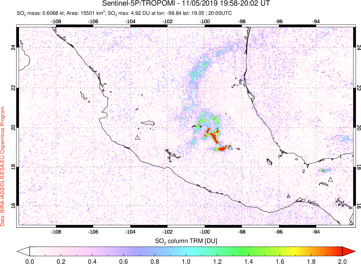 A sulfur dioxide image over Mexico on Nov 05, 2019.