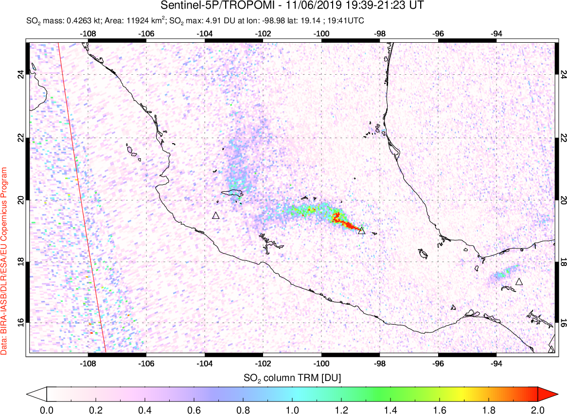A sulfur dioxide image over Mexico on Nov 06, 2019.