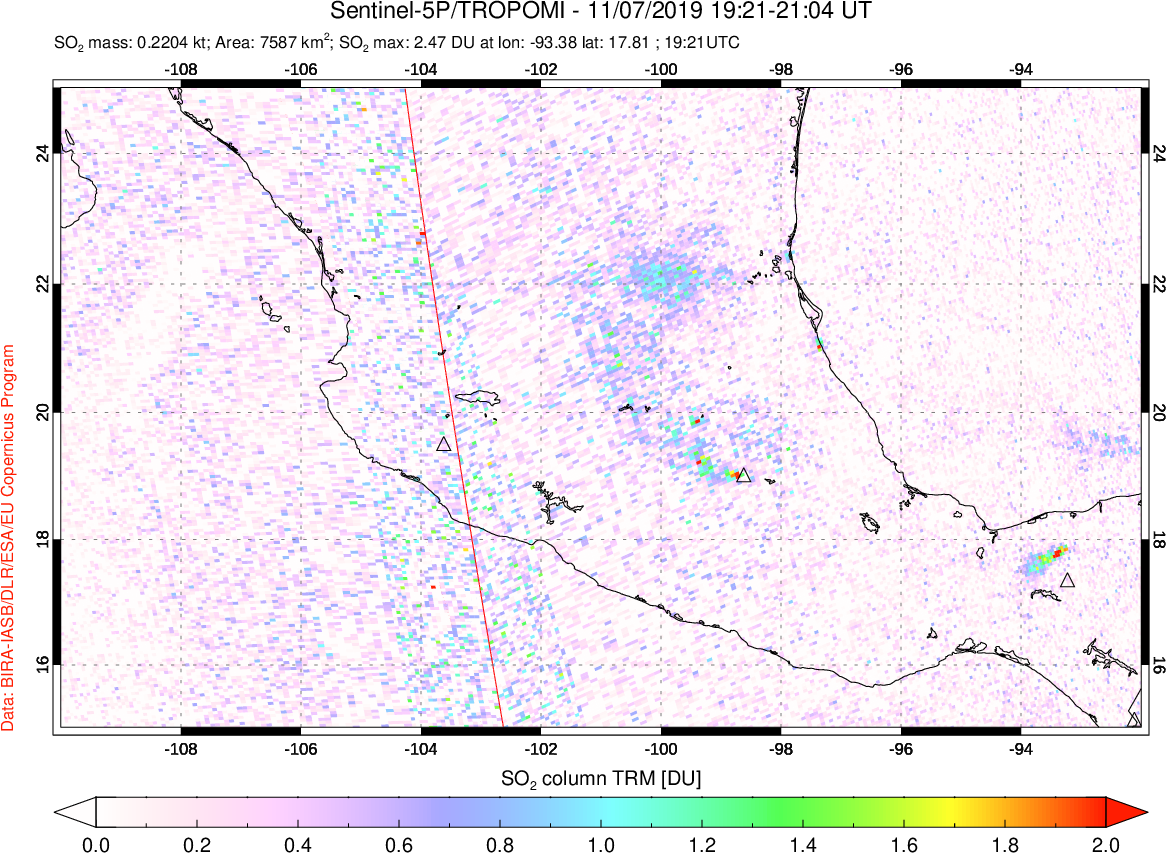 A sulfur dioxide image over Mexico on Nov 07, 2019.
