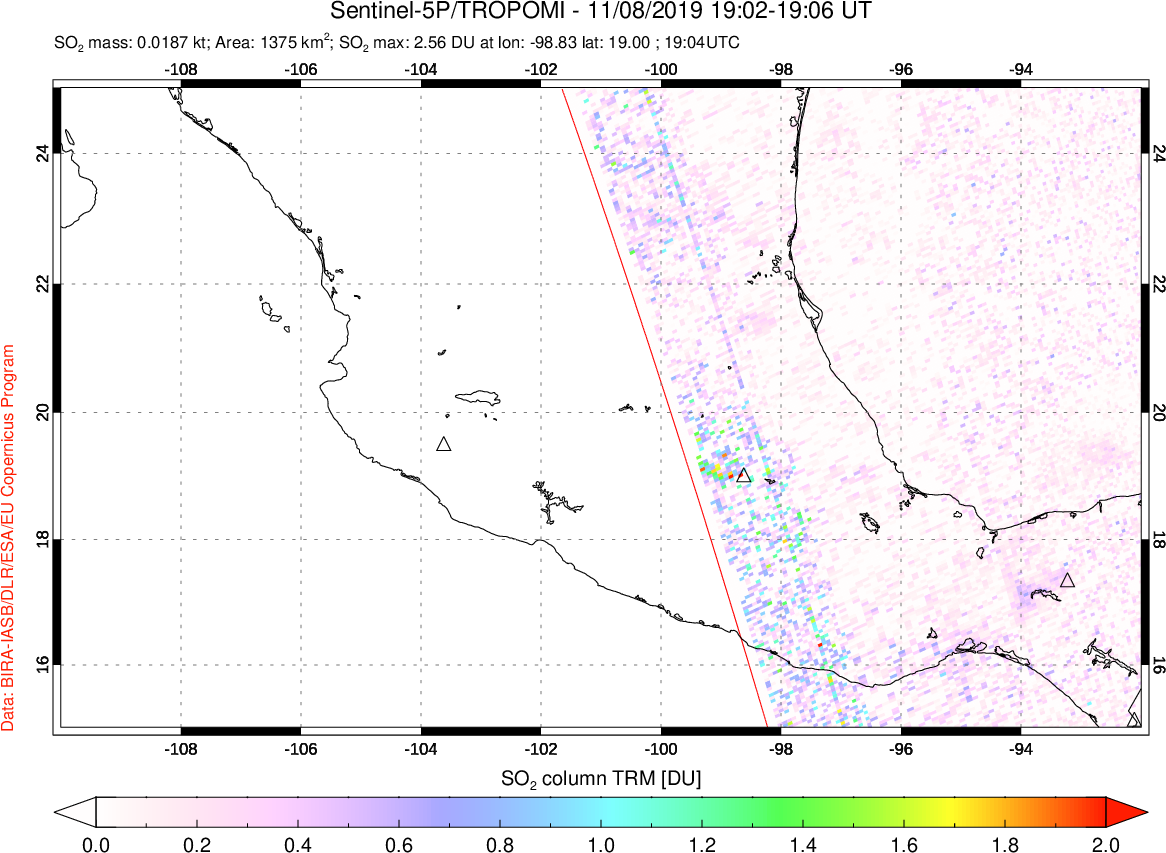 A sulfur dioxide image over Mexico on Nov 08, 2019.