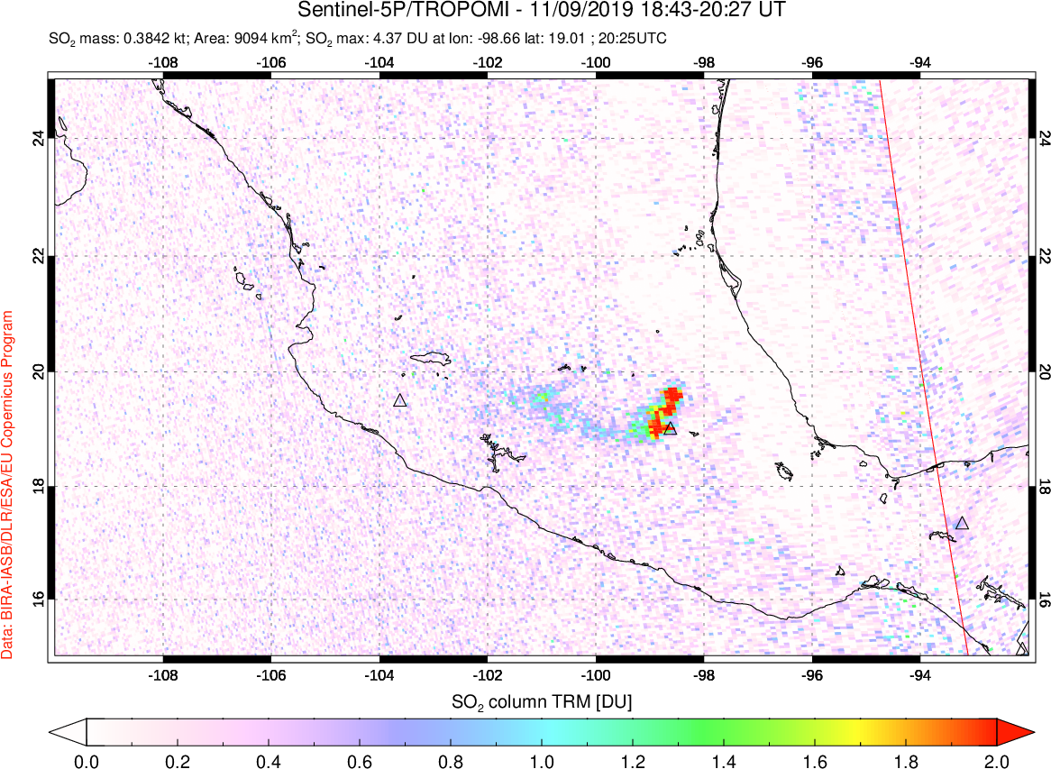 A sulfur dioxide image over Mexico on Nov 09, 2019.
