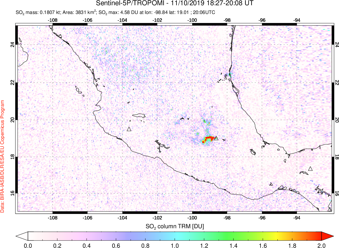 A sulfur dioxide image over Mexico on Nov 10, 2019.