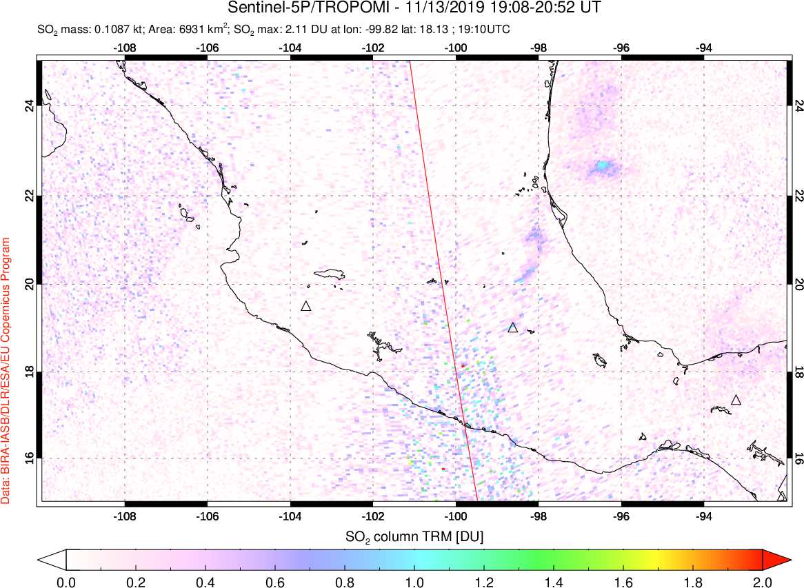 A sulfur dioxide image over Mexico on Nov 13, 2019.