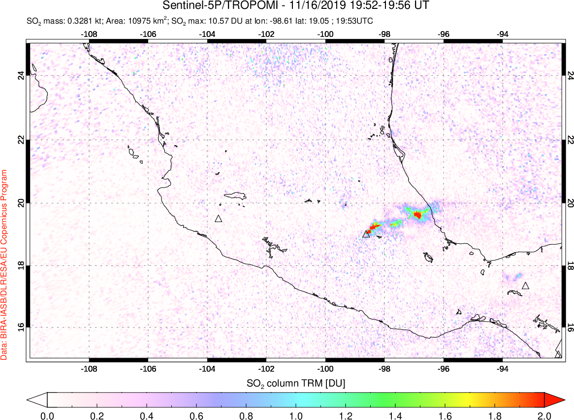 A sulfur dioxide image over Mexico on Nov 16, 2019.