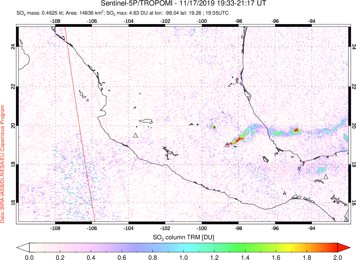 A sulfur dioxide image over Mexico on Nov 17, 2019.