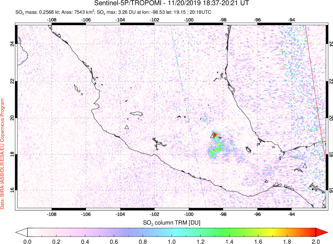 A sulfur dioxide image over Mexico on Nov 20, 2019.