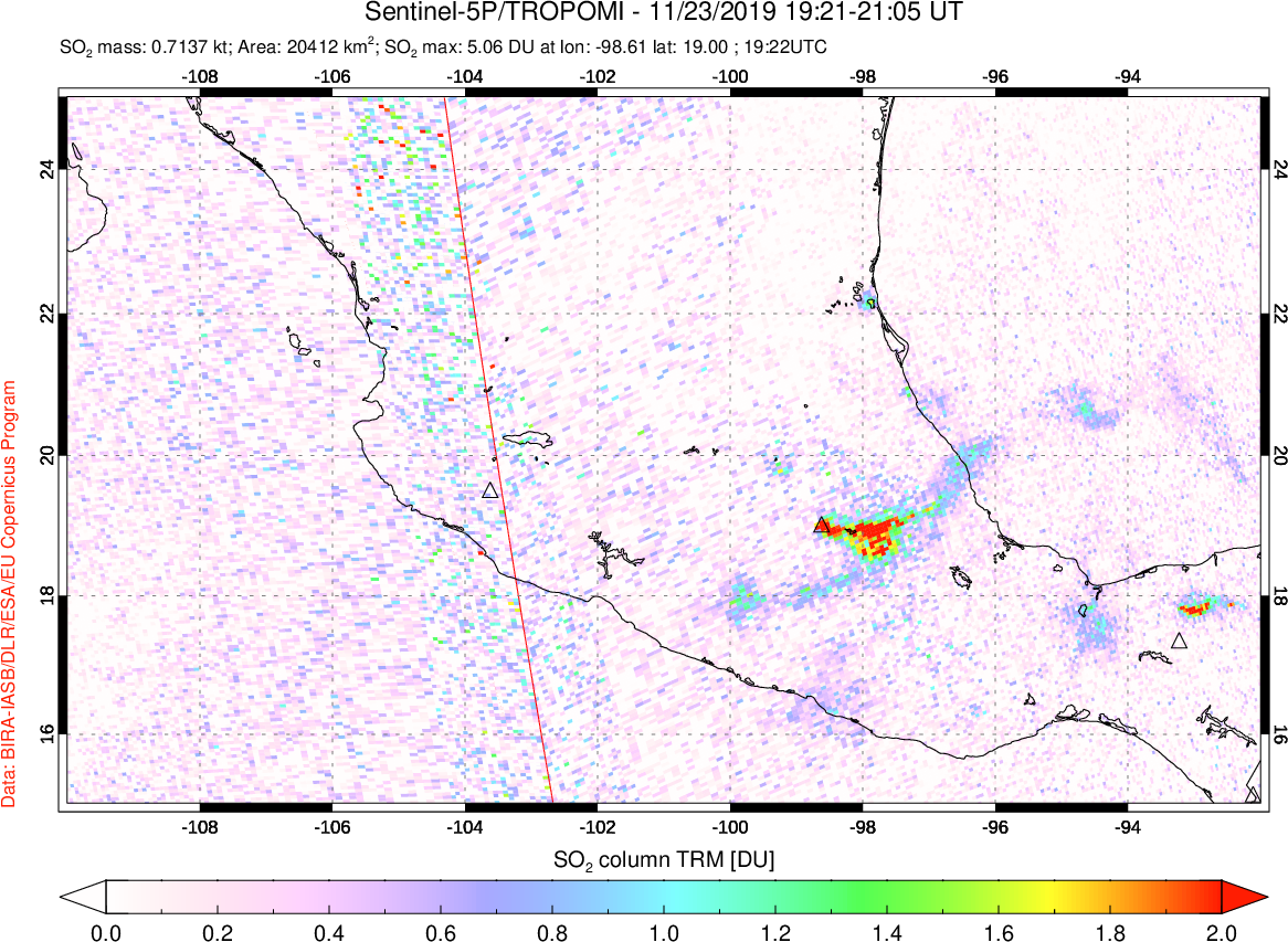 A sulfur dioxide image over Mexico on Nov 23, 2019.
