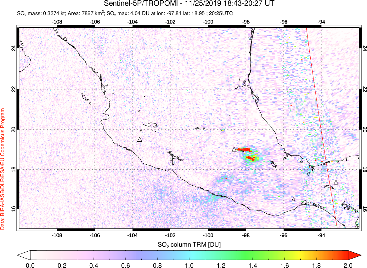 A sulfur dioxide image over Mexico on Nov 25, 2019.