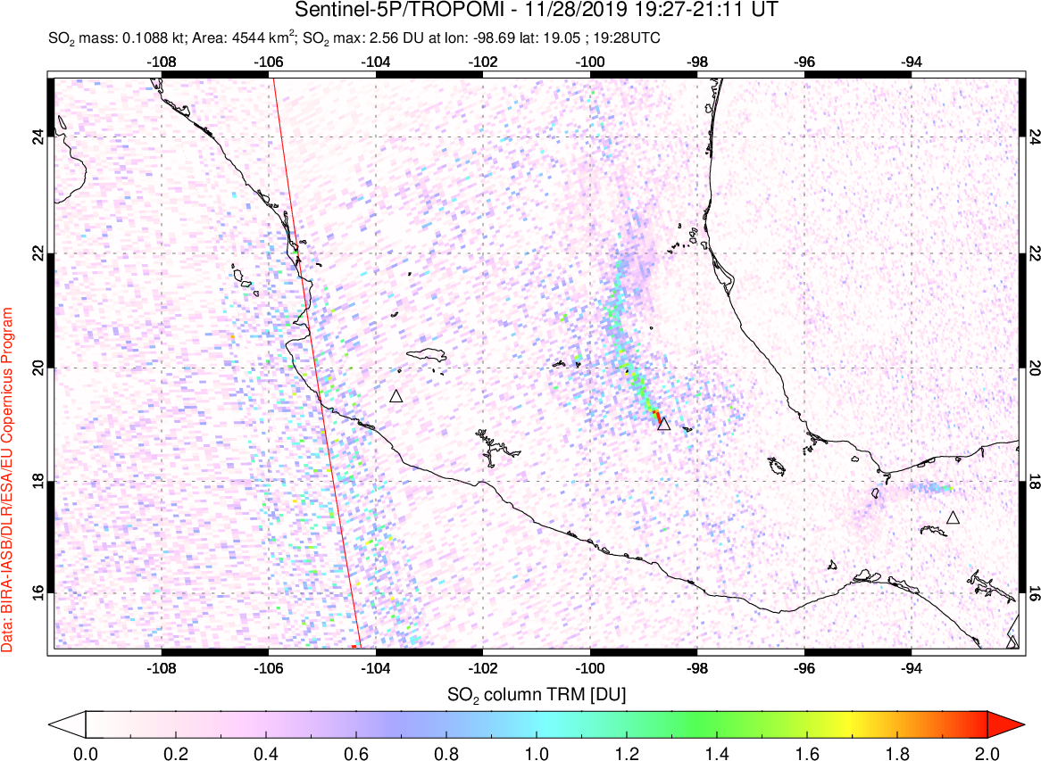 A sulfur dioxide image over Mexico on Nov 28, 2019.