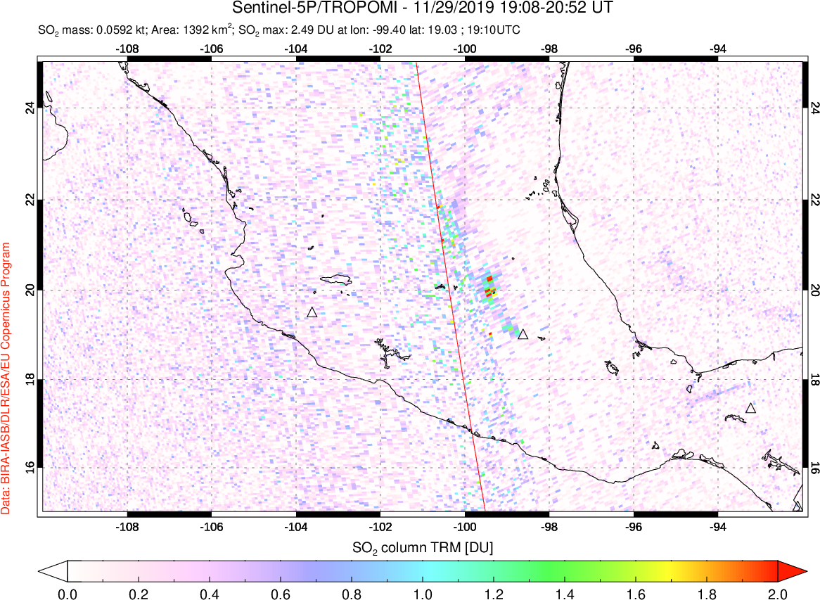 A sulfur dioxide image over Mexico on Nov 29, 2019.