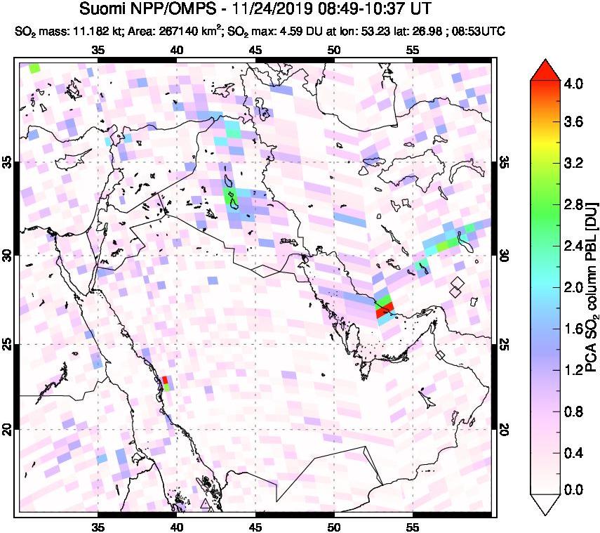 A sulfur dioxide image over Middle East on Nov 24, 2019.