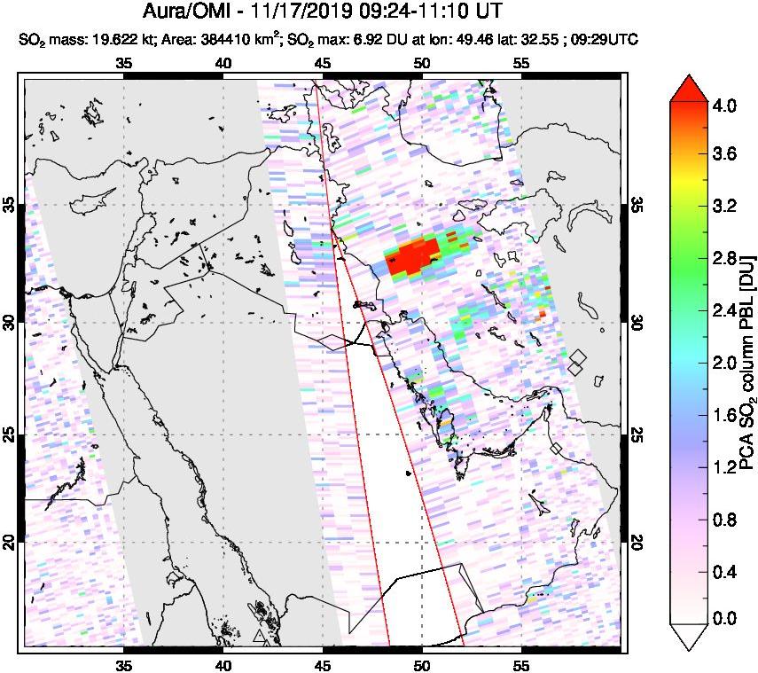 A sulfur dioxide image over Middle East on Nov 17, 2019.