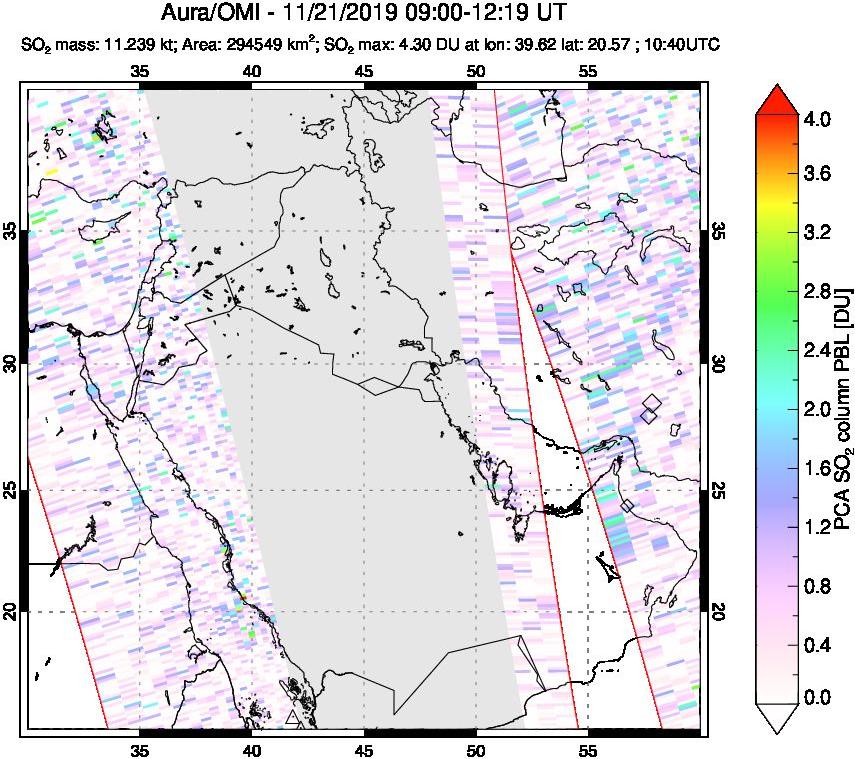 A sulfur dioxide image over Middle East on Nov 21, 2019.