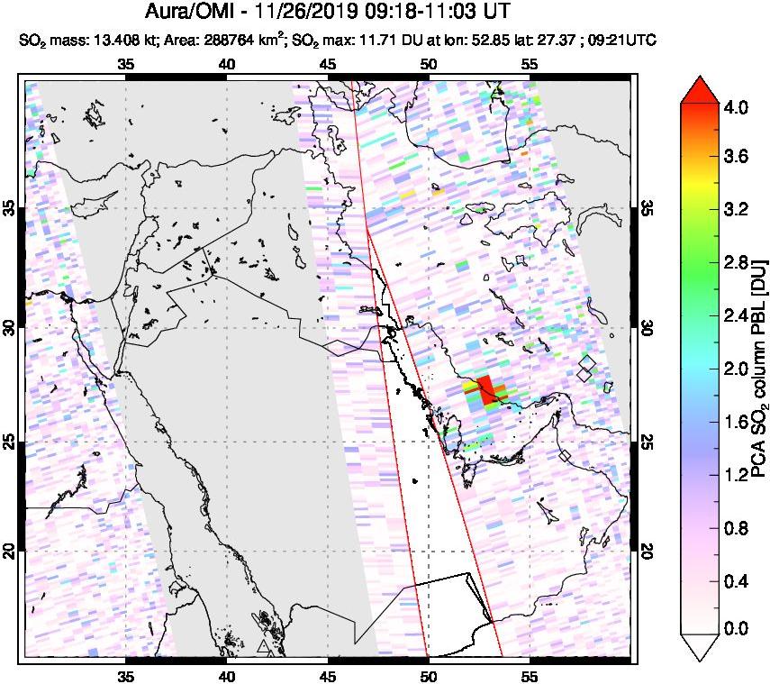 A sulfur dioxide image over Middle East on Nov 26, 2019.