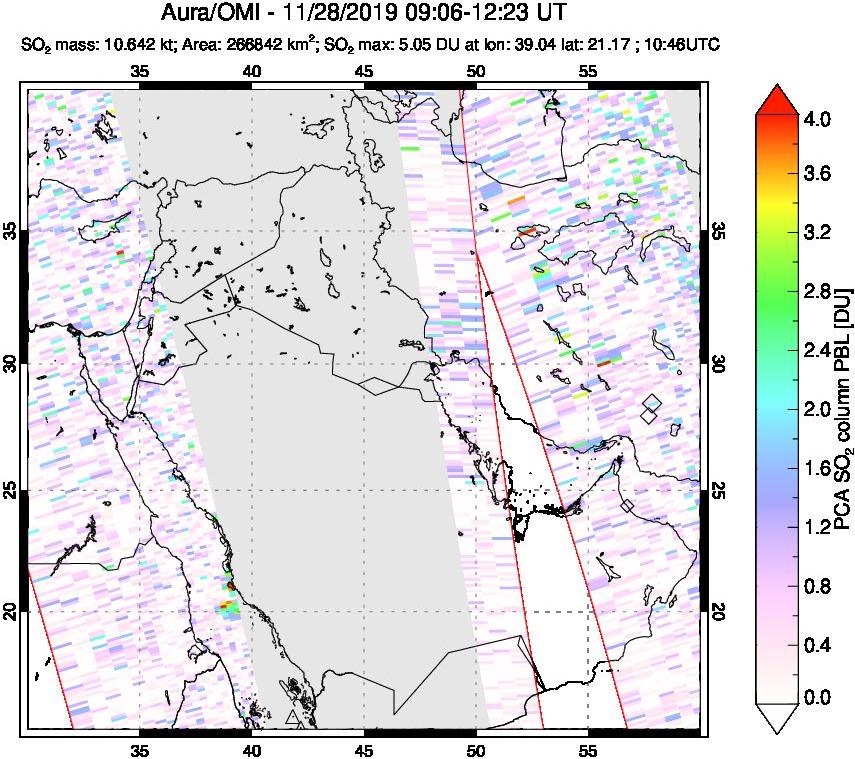 A sulfur dioxide image over Middle East on Nov 28, 2019.