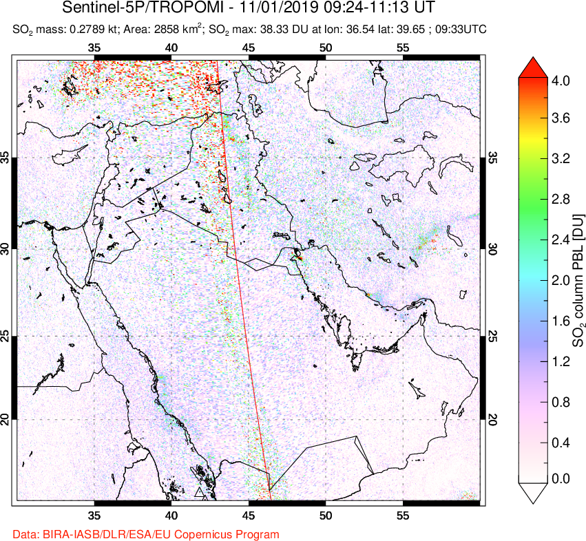 A sulfur dioxide image over Middle East on Nov 01, 2019.
